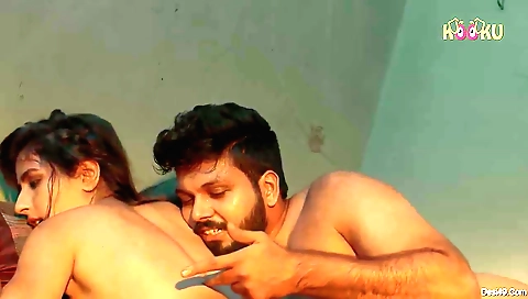 Bright brunette 18+ woman is making love to an old guy 18+