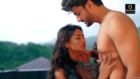 Sexy brunette is in front of a fire and gets fucked