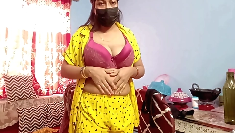 Slender indian busty aunty in hairy pussy tease (Solo female)