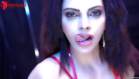 Red dragon in red dress is getting ready to take a walk in the woods