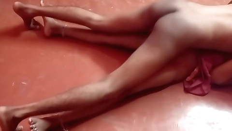 Red bikini chick moans on her ass in front of webcam